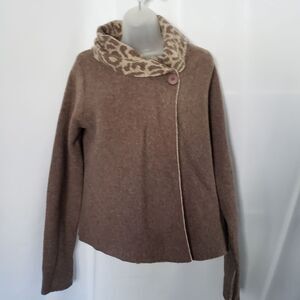 Chiaramente Italian Wool Blend Tan and‎ Animal Print Wrap style Cardigan sz M